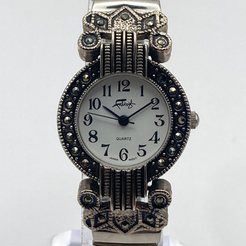 Vtg Faberge Womens Marcasite Watch 26mm Silver Tone Stretch Band New Battery